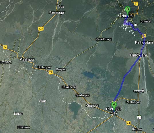 Rudrapur to nainital road map